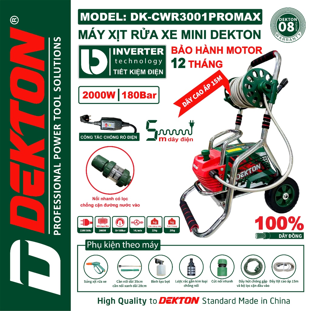 Máy rưa xe chỉnh áp DEKTON DK-CWR3001PROMAX, 2000W 180Bar, Có chống giật Công Nghệ Mới INVERTER