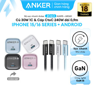 Combo sạc nhanh Anker Zolo 30 [cho iPhone 15/16 series] - Củ 30W 1C & Cáp CtoC công suất 240W dài 0,9m - A2698+A8060