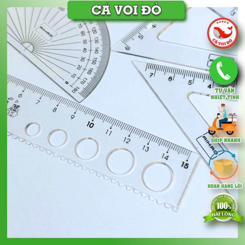 COMBO 5 Bộ thước eke 4 món gồm 1 thước kẻ, 2 eke, 1 đo góc  / Aihao cao cấp
