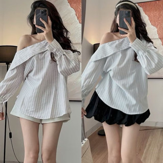 Áo sơ mi trễ vai kẻ sọc cúc tay tiểu thư sang chảnh (mẫu mới)