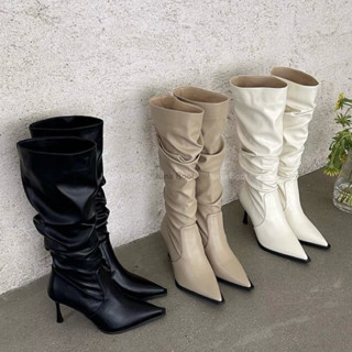 Bắp Bé - Form nhỏ Giày bốt đùi nhún xếp ly cao gót 7-8cm - Boots chạm gối mũi nhọn cá tính da mềm