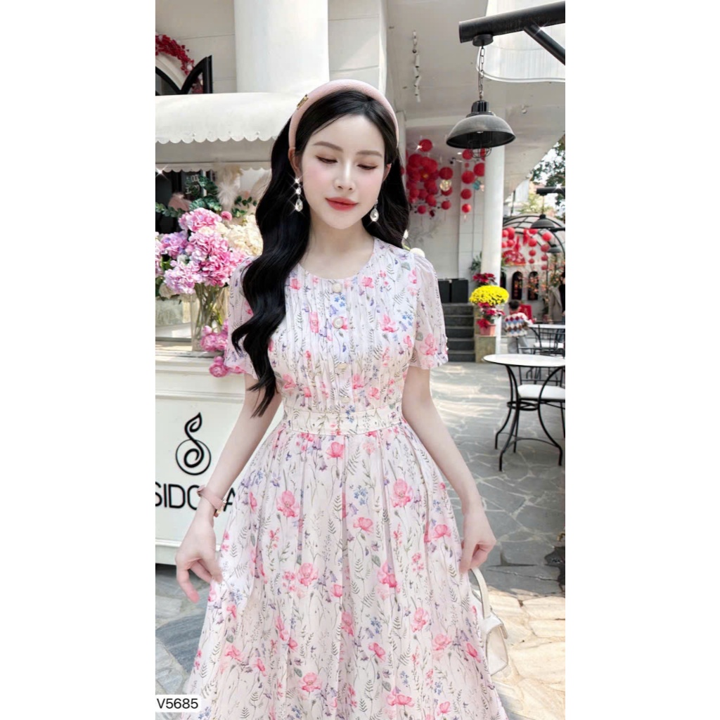 Đầm Tơ Hoa Nhí Hồng Tím DVC V5685 LAMIE FASHION
