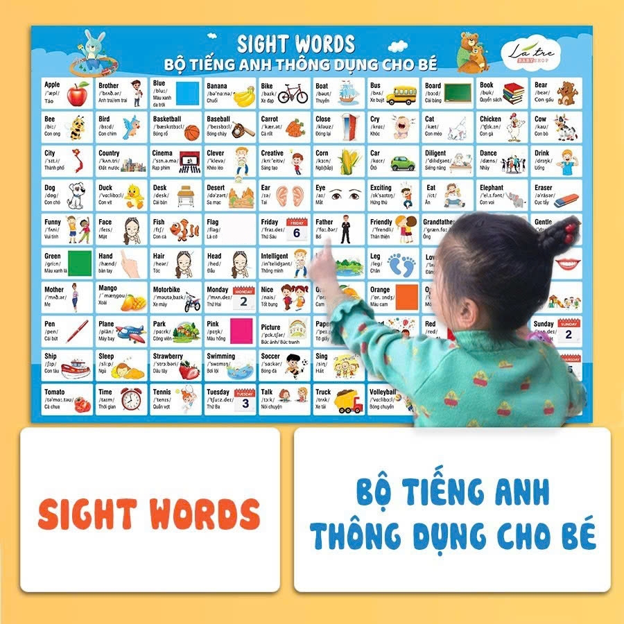 Bảng 100 từ Tiếng Anh thông dụng Poster từ Sight Word treo tường cho bé nhiều chủ đề kích thước 40x60cm