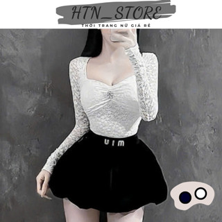  Áo ren cổ vuông tay dài đính khuy đá thời trang HTN_Store Áo kiểu nữ cúp ngực chất ren hoa ôm body sexy  có mút  
