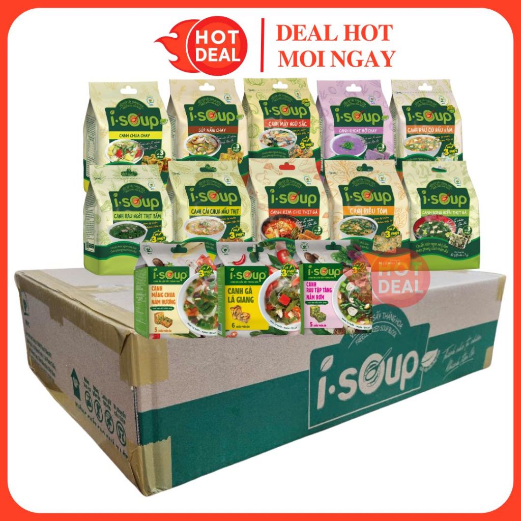 Thùng Canh Viên Ăn Liền I-SOUP Mix Đủ Vị Chay/Thịt - Canh Lười Acecook Sấy Than Hoa