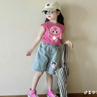 Bộ cộc tay cho bé gái, Sét áo cộc tay hồng in hình baby three mix quần ngố bò siêu đẹp cho bé gái 10-32kg Hanna Kids