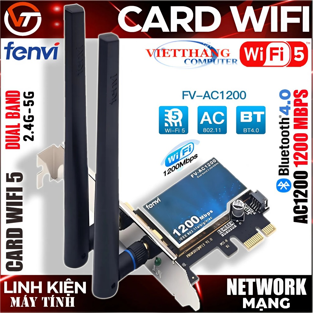 Card mạng Fenvi Wifi 5 Dual Band 2.4GHz/5GHz AC1200 1200Mbps 802.11ac Bluetooth 4.0 Tản nhiệt xanh