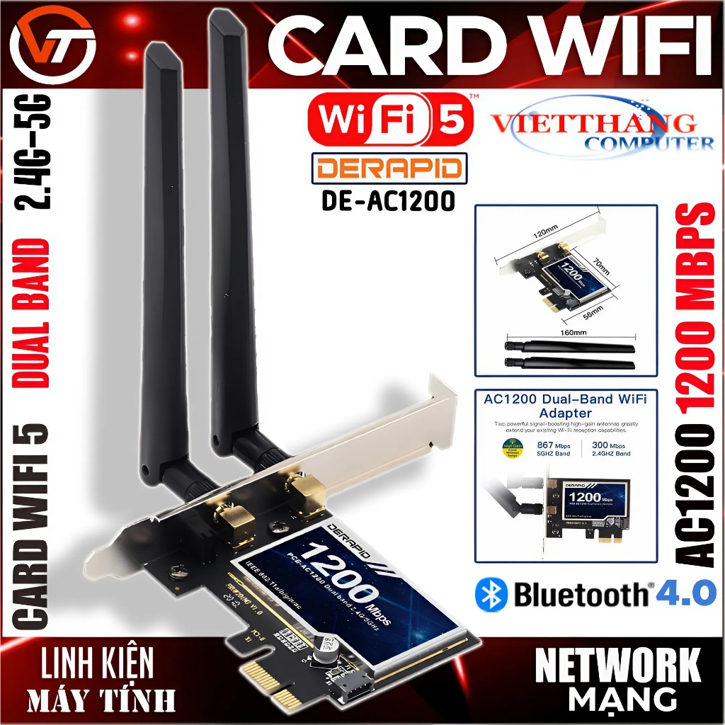 Card mạng Derapid Wifi 5 Dual Band  2.4GHz/5GHz AC1200 1200Mbps 802.11ac Có Bluetooth 4.0