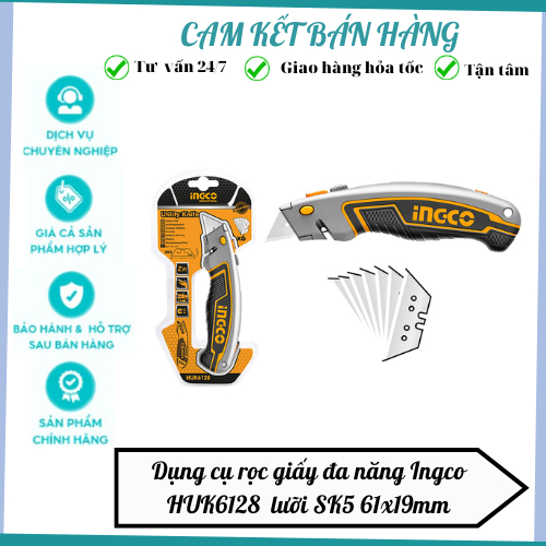Dụng cụ cắt rọc, rọc giấy đa năng Ingco HUK6128, lưỡi SK5 61x19mm Kèm 5 lưỡi cắt