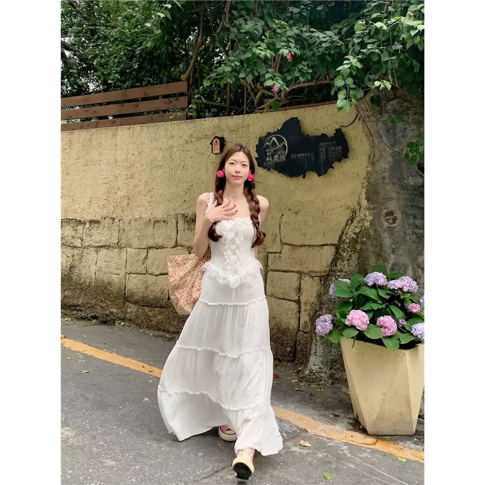 Set Váy Nữ Đi Biển Áo 2 Dây Viền Ren Chất Dệt Kim Mềm Kèm Chân Váy Maxi Trắng Thiết Kế Ngọt Ngào Gin62 G195 | BigBuy360 - bigbuy360.vn