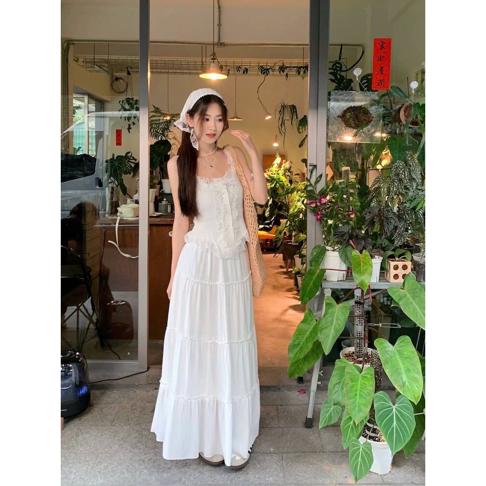 Set Váy Nữ Đi Biển Áo 2 Dây Viền Ren Chất Dệt Kim Mềm Kèm Chân Váy Maxi Trắng Thiết Kế Ngọt Ngào Gin62 G195 | BigBuy360 - bigbuy360.vn