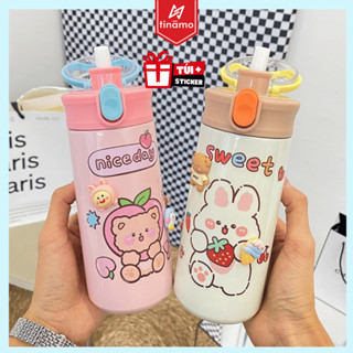 Bình giữ nhiệt Sticker Gấu 500ml có quai xách, nắp bật, thiết kế nhỏ gọn TINAMO