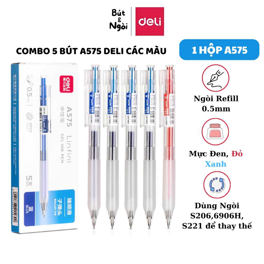 Combo Hộp 5 Bút A575/SA575 Deli Mực Gel 0.5mm Ngòi Refill/ST Ruột Bút Thay Thế Các Loại