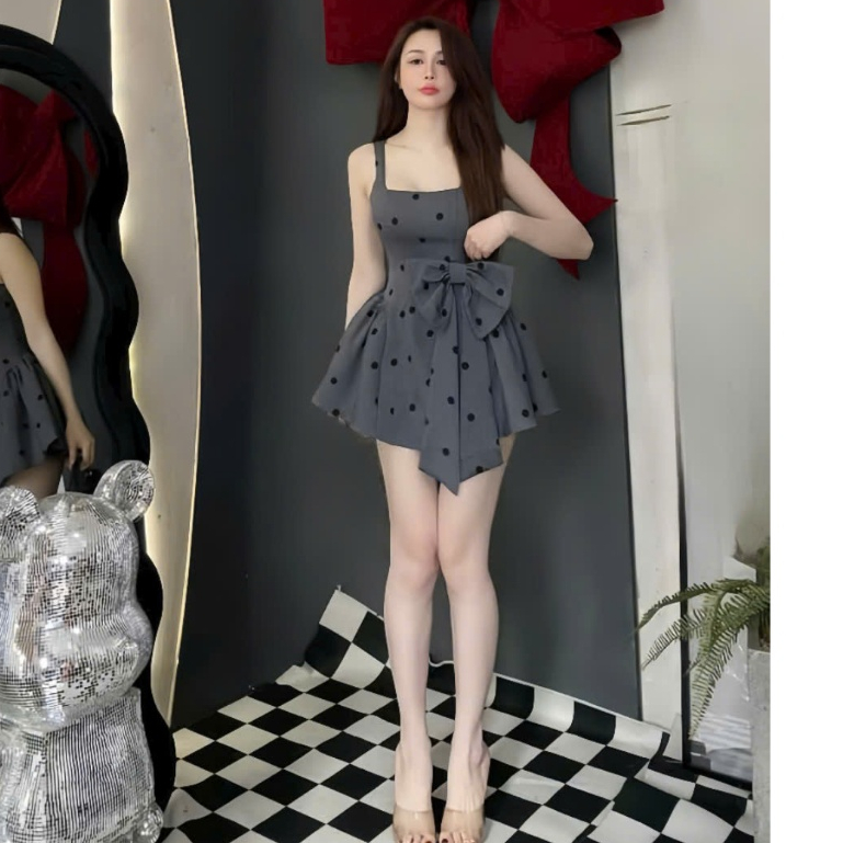 Đầm váy nữ hai dây cúp ngực mix dáng váy xòe ngắn đính nơ với tone màu xinh xắn dành cho các nàng diện đi tiệc, hẹn hò. | BigBuy360 - bigbuy360.vn
