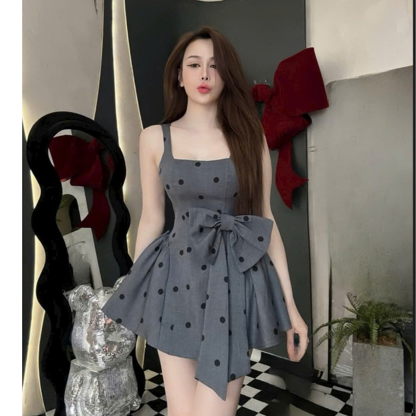 Đầm váy nữ hai dây cúp ngực mix dáng váy xòe ngắn đính nơ với tone màu xinh xắn dành cho các nàng diện đi tiệc, hẹn hò. | BigBuy360 - bigbuy360.vn