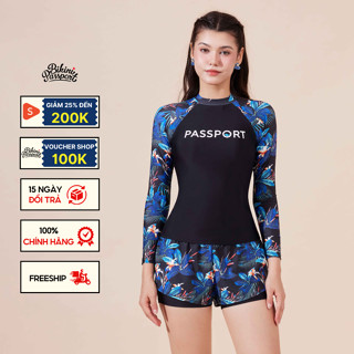 Đồ bơi Nữ BIKINI PASSPORT kiểu hai mảnh short, áo tay dài Logo - Đen Hoa lá - BS537_FLO