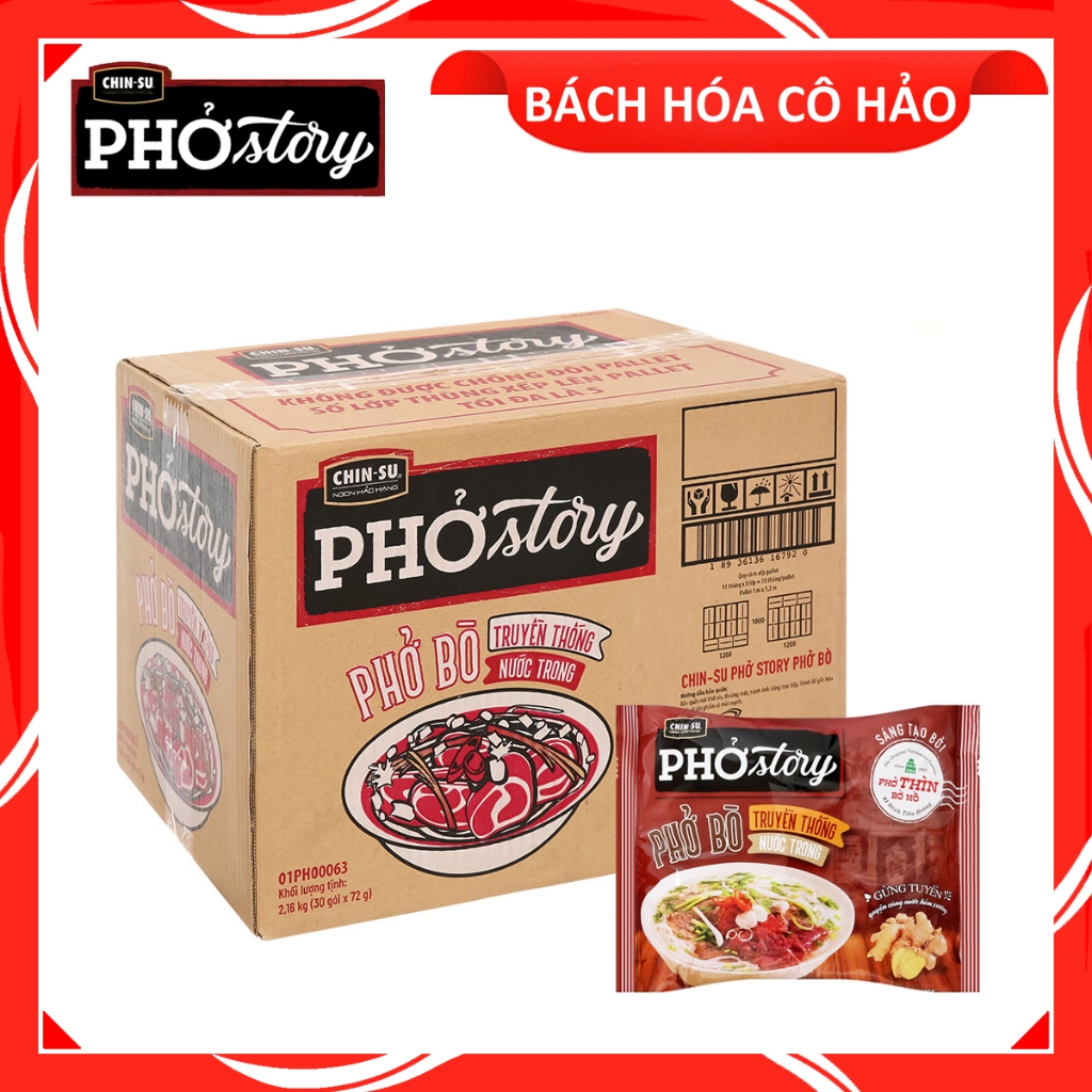 THÙNG 30 GÓI PHỞ BÒ TRUYỀN THỐNG NƯỚC TRONG PHỞ THÌN BỜ HỒ PHỞ STORY CHINSU 72 GRAM