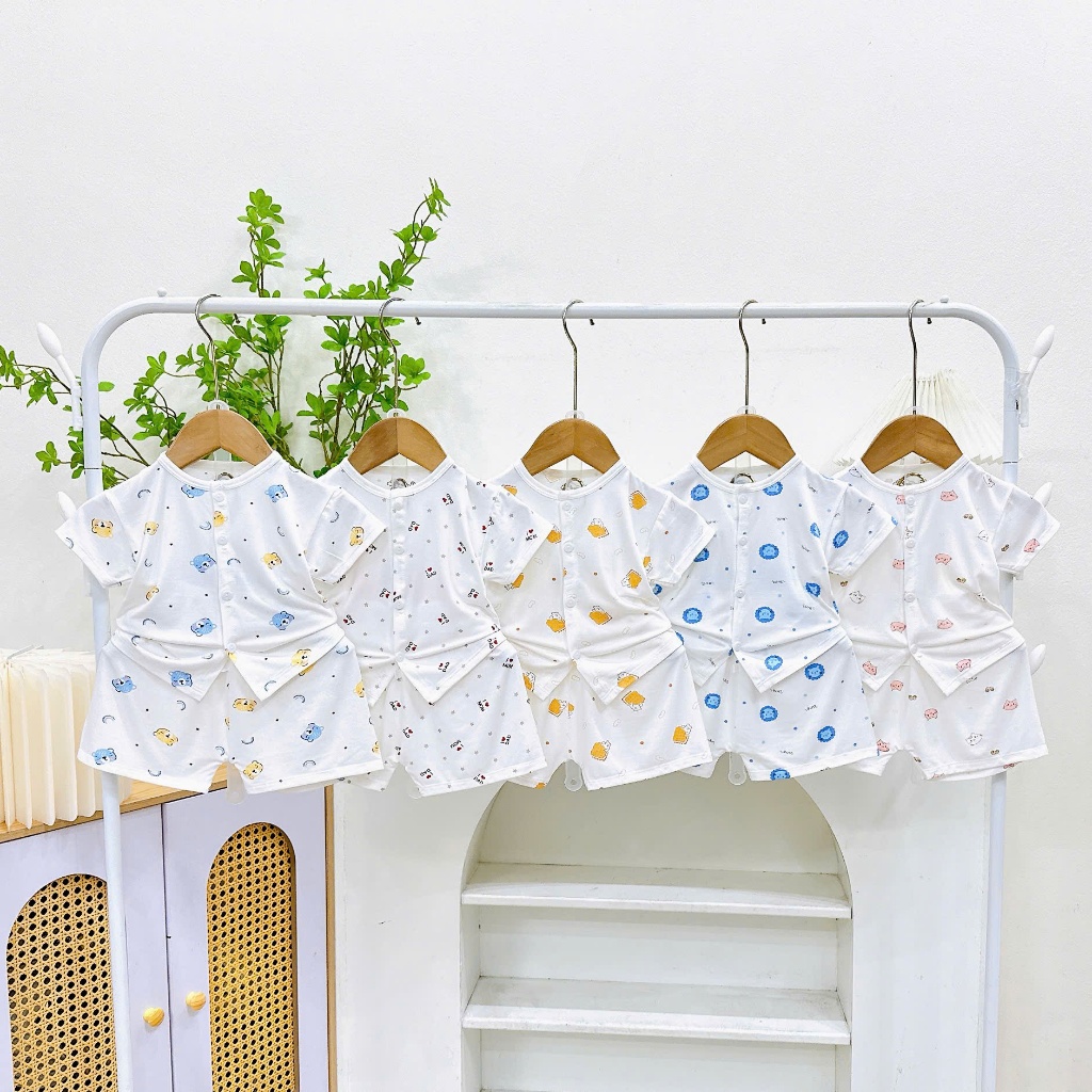 [A183 - Mềm, Mát, Chất Petit, Được Chọn Mẫu] Bộ Cộc Tay Sơ Sinh Nền Trắng Họa Tiết Cúc Giữa