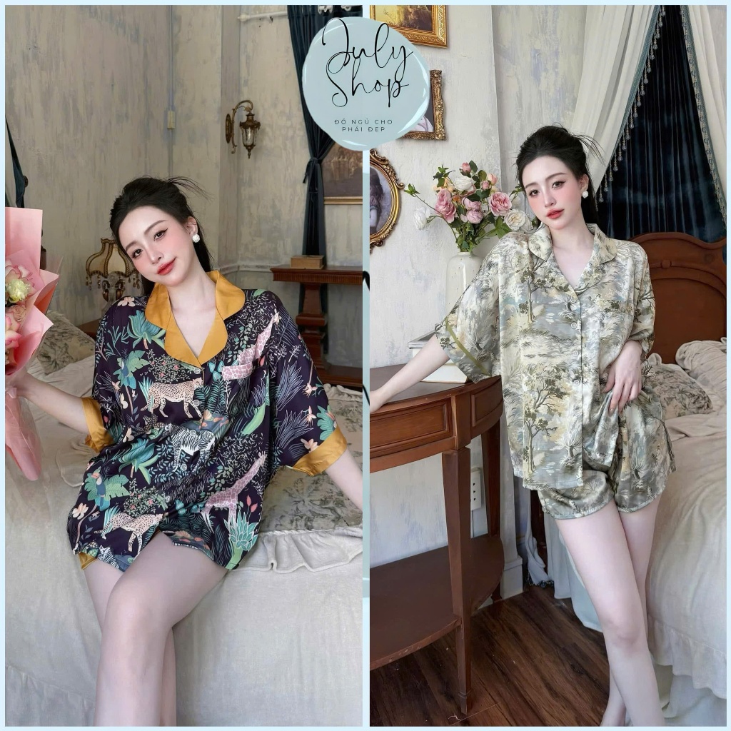 Đồ Ngủ Nữ Bigsize JULY Đồ Bộ Pijama Họa Tiết Phong Cảnh Quần Đùi Giả Váy Có Túi Cực Sang Lụa Latin M