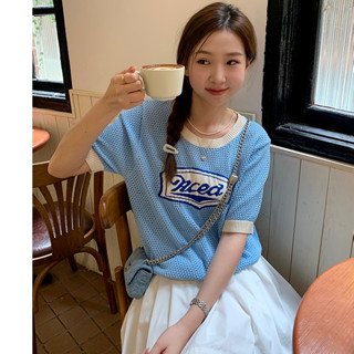 Áo thun lưới nữ Tay ngắn Form rộng Cổ tròn Thêu chữ hình Hàn Quốc Áo phông thun nữ Dáng rộng Cộc tay
