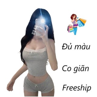 Bộ ngủ nữ 2 dây sexy quần ngủ tí hon siêu ngắn mặc đính nơ thun tăm lạnh co giãn thoáng mát CÓ CHE TÊN