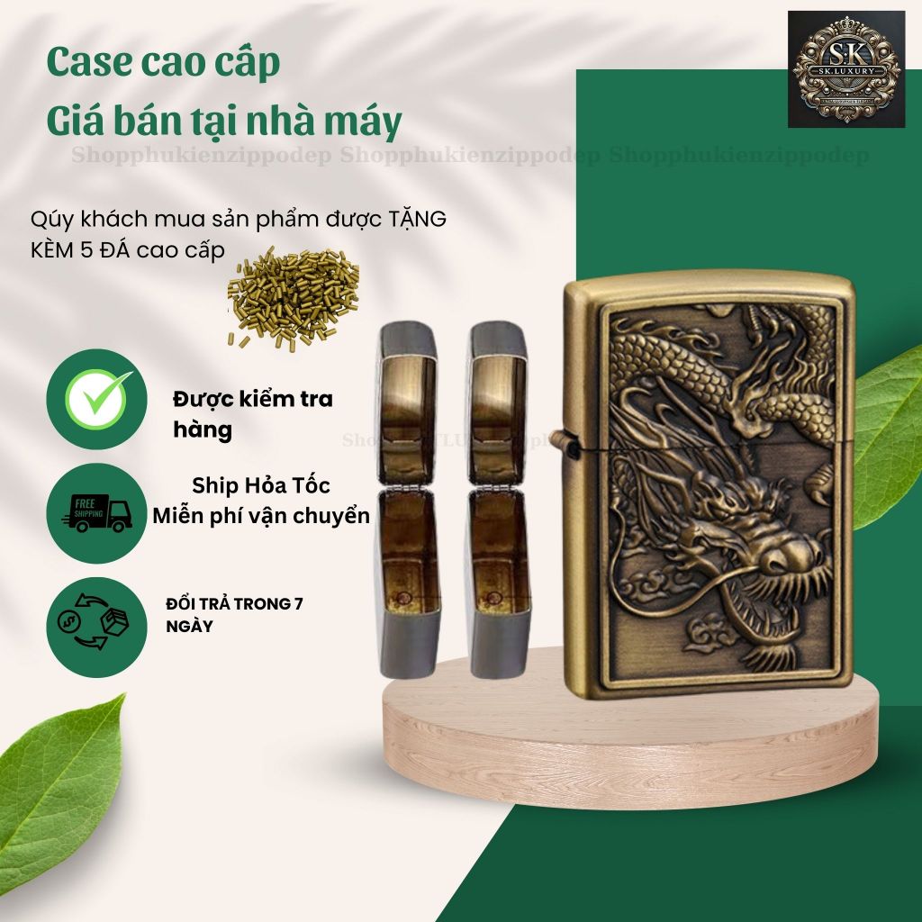 Case Zippo độc lạ, mẫu rồng cao cấp , vỏ zippo bằng đồng , tặng 5 đá zippo (YRONG10D)