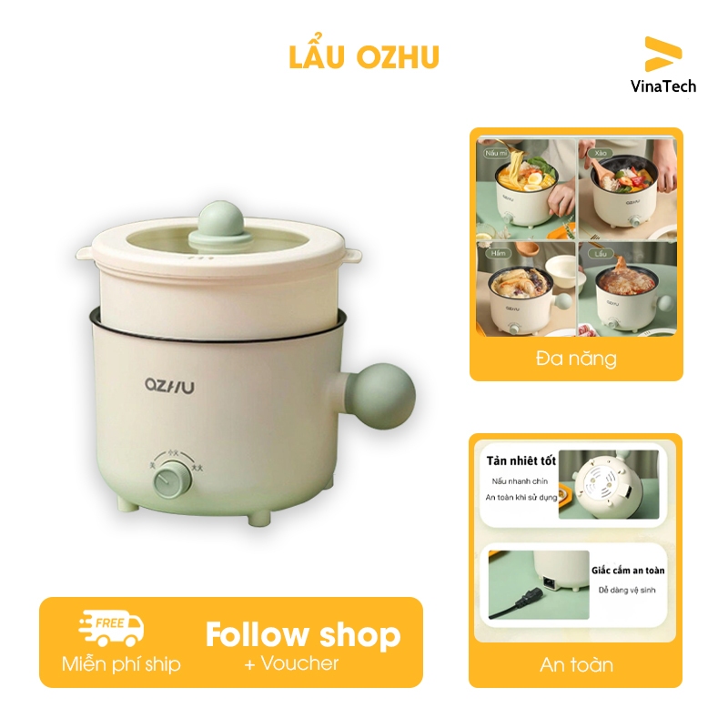Nồi Lẩu Điện Mini Đa Năng, Ca Nấu Mì Ozhu 2 Nấc Nhiệt Dung Tích 1.8L Công Suất 600W Tặng Kèm Giá Hấp, Bảo Hành 12 tháng
