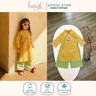 harifa Áo dài họa tiết 5 bông hoa cho bé gái màu vàng chanh chất liệu linen thêu tay1-6 tuổi BADT010