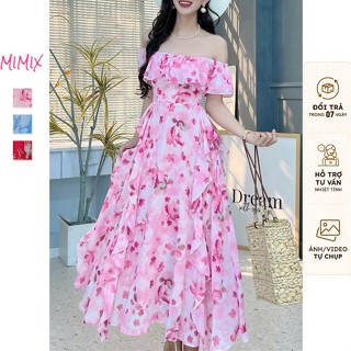Đầm Maxi MIMIX Váy Hoa Nữ PhốI Bèo Trễ Vai Dáng Dài Xòe  3 Màu Nữ Tính Ngọt Ngào CE5285