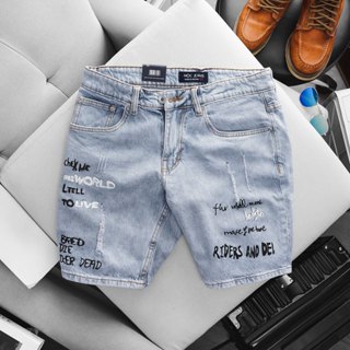 Quần short jean nam in chữ bạc xanh bạc sáng slimfit ôm nhẹ co giãn VNXK
