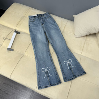   89 90cm  Quần Jean Nữ Ống Loe Trơn Thêu Nơ Lai Xẻ   Đủ Size S M L 6761 