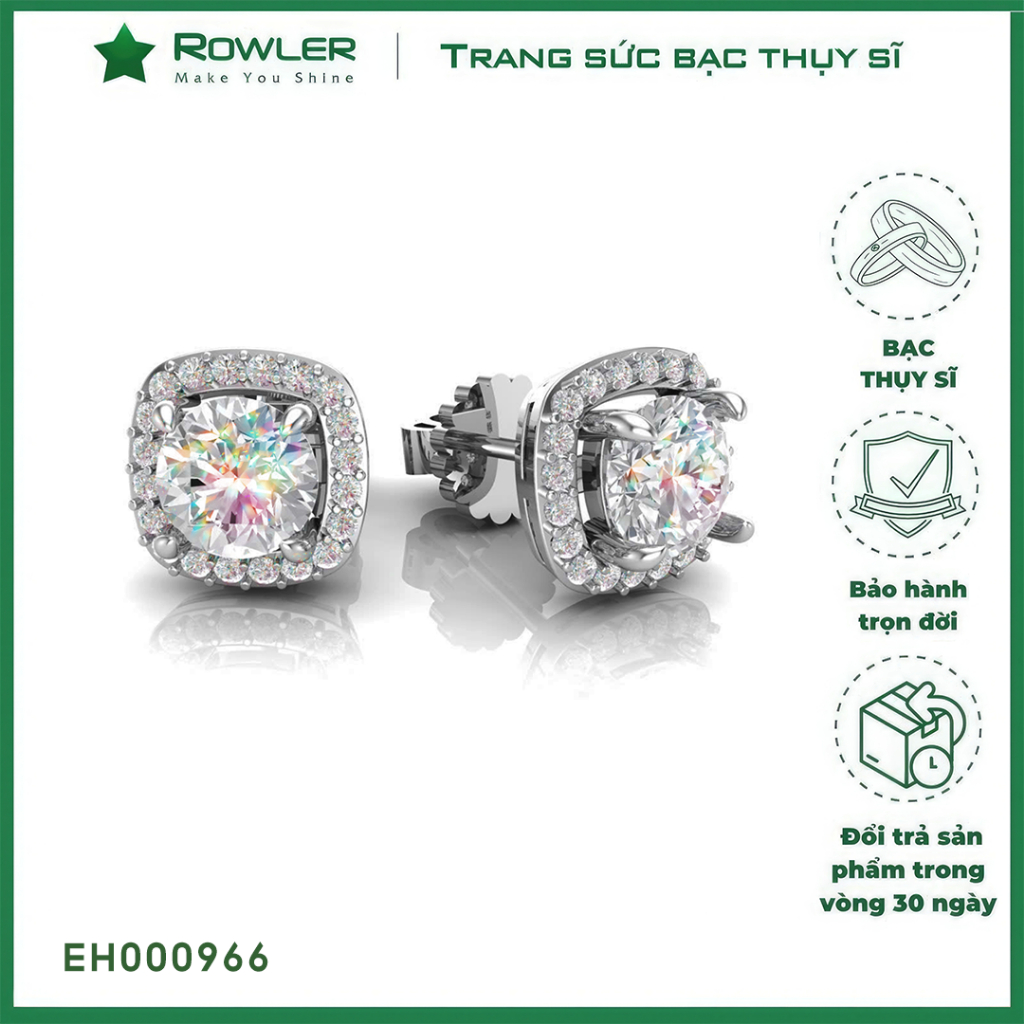 Bông tai Royal bạc Thụy Sỹ  đính full đá Moissanite viên chủ 6.0ly -EH000966- ROWLER