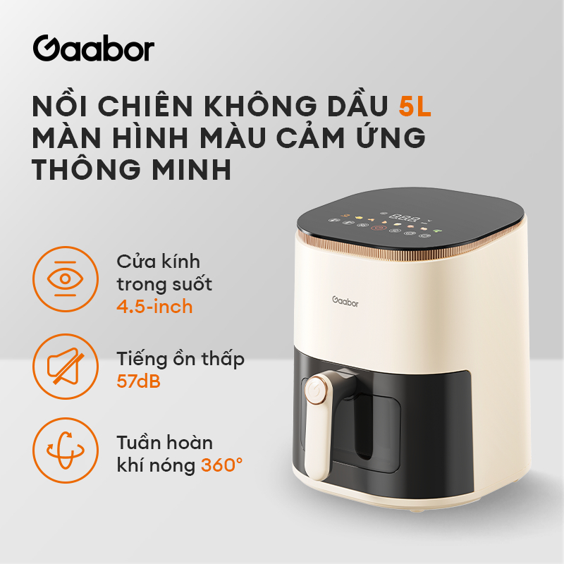 Nồi chiên không dầu 5L Gaabor AF-45T01A cảm ứng tuần hoàn khí nóng 360 menu màu mặt kính quan sát | BigBuy360 - bigbuy360.vn