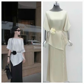 Y2416 set lụa dự tiệc áo cổ thuyền , chân váy đuôi cá tặng kèm dây buộc eo và tag hoa