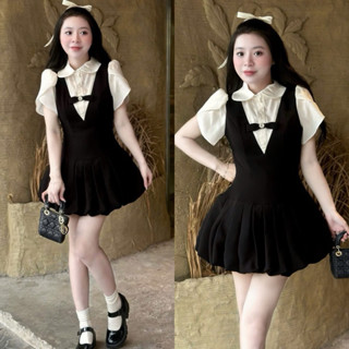 Váy Sơ Mi Tay Bồng Cổ Sen Đính Nơ Phối Yếm Xếp Ly Chéo Hàn Tiểu Thư Ảnh Thật Trải Sàn Lollaye