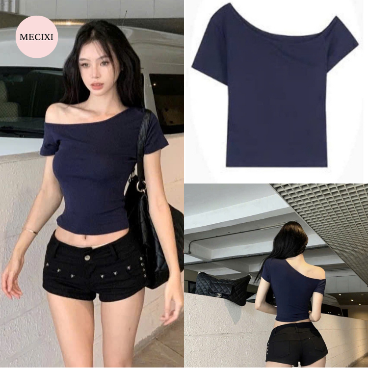 Áo thun cổ trễ lệch vai form ôm ngắn tay Mecixi, áo phông nhiều màu dành cho nữ mùa hè, body cotton xanh than T112