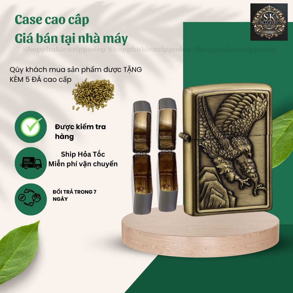 Case Zippo độc lạ, mẫu đại bàng cao cấp , vỏ zippo bằng đồng , tặng 5 đá zippo (YDAIBANG12A)