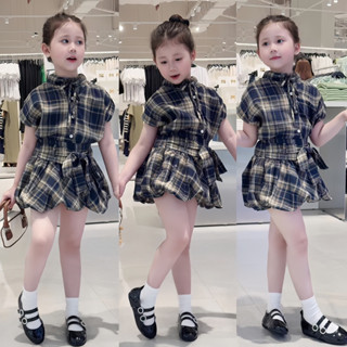  Set áo sơ mi kẻ tay hến dây nơ buộc + chân váy bí phồng cho bé gái siêu đáng yêu 