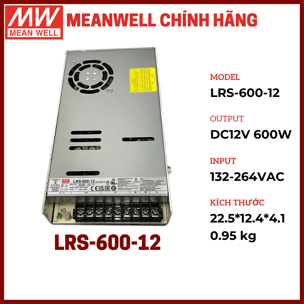 Meanwell LRS-600-12, Nguồn Meanwell, 12V 600W 50A, Nguồn 12V 50A, Bảo Hành Chính Hãng Meanwell