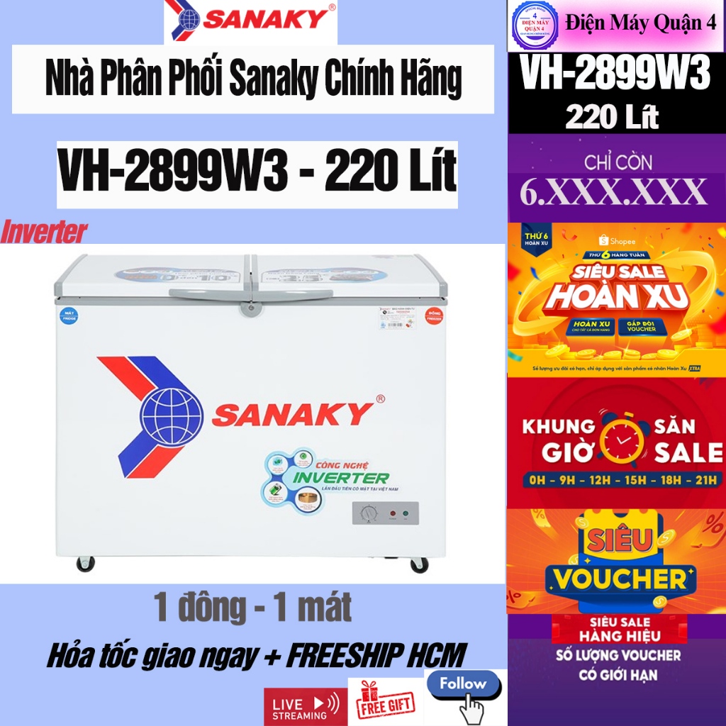 VH-2899W3 -- Tủ đông Sanaky Inverter 220 lít VH-2899W3,1 ngăn đông và 1 ngăn mát