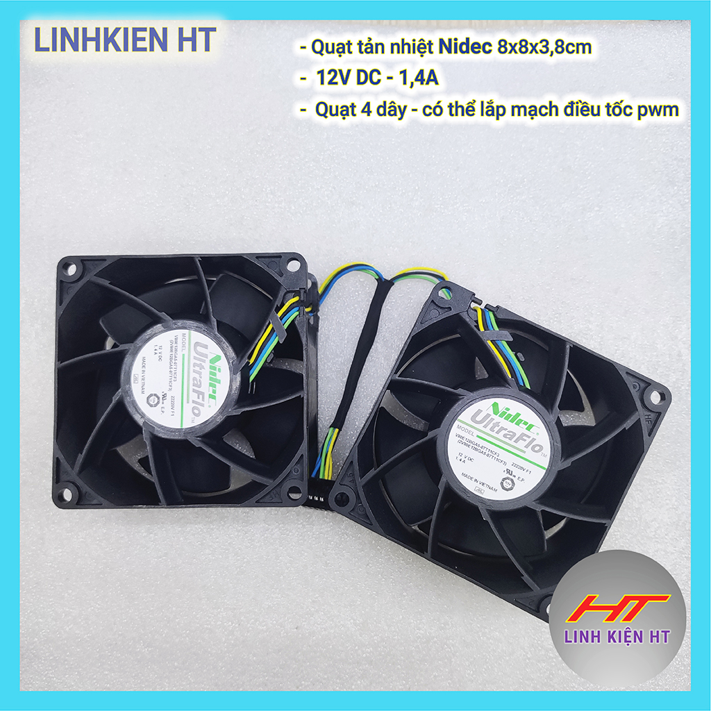 Quạt tản nhiệt phản lực 8cm Nidec 12V 1,4A  8038 Hàng mới Gió cực mạnh KT 8x8x3,8cm