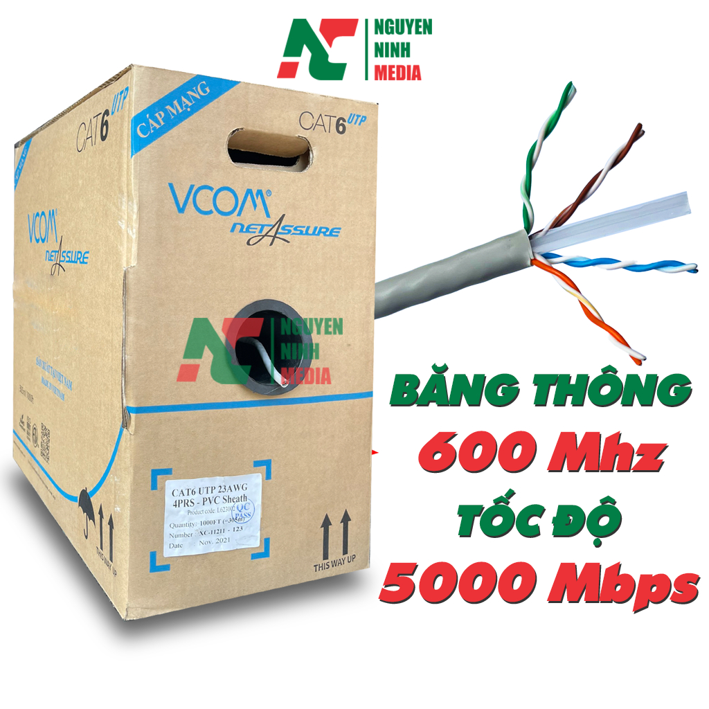Dây Mạng VCOM CAT6 UTP 23AWG 4 PRS Băng Thông 600Mhz - Tốc Độ Đạt 5000Mbps (Đơn giá mét)