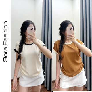  Áo Thun Nữ Baby Tee Tay Ngắn Cổ Tròn Phối Viền Bigsize Sora Fashion Áo Kiểu Nữ Vạt Eo Dây Rút Chất Liệu Thun Tăm 155 