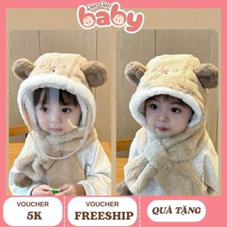 [SHOP NHÀ GẠO GẠO] Mũ Len Lông Cừu Trùm Đầu Cho Bé, Liền Khăn Và Kính Chắn Gió Chống Bụi Hình Gấu Đáng Yêu