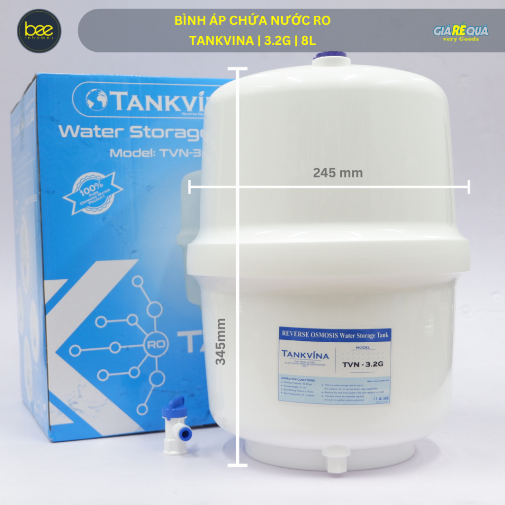 Bình áp máy lọc nước RO Tankvina 3.2G (8L), kèm van, cho máy lọc nước RO
