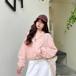 Áo Khoác Croptop 2 Lớp Nữ, Áo Khoác Gió Nhăn Chống Nắng Che Mưa Dây Rút Mũ Trùm Phong Cách Thể Thao Basic
