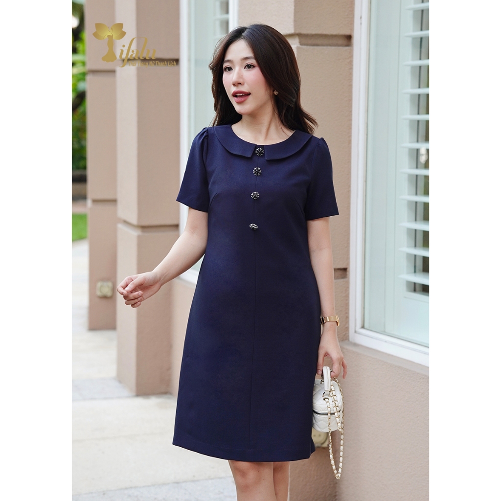 Đầm trung niên Váy cho mẹ U50 U60, Đầm suông TIFALU công sở, dự tiệc - ZOL330NAVY