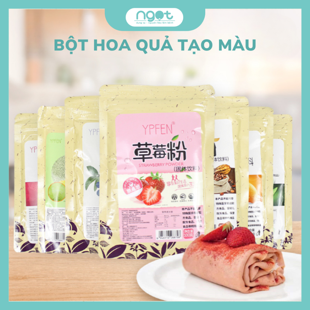 Gói 100g bột tạo màu vị dâu tây, dưa hấu, xoài, quả bơ, hoa hồng, khoai lang tím, quả lê, việt quất