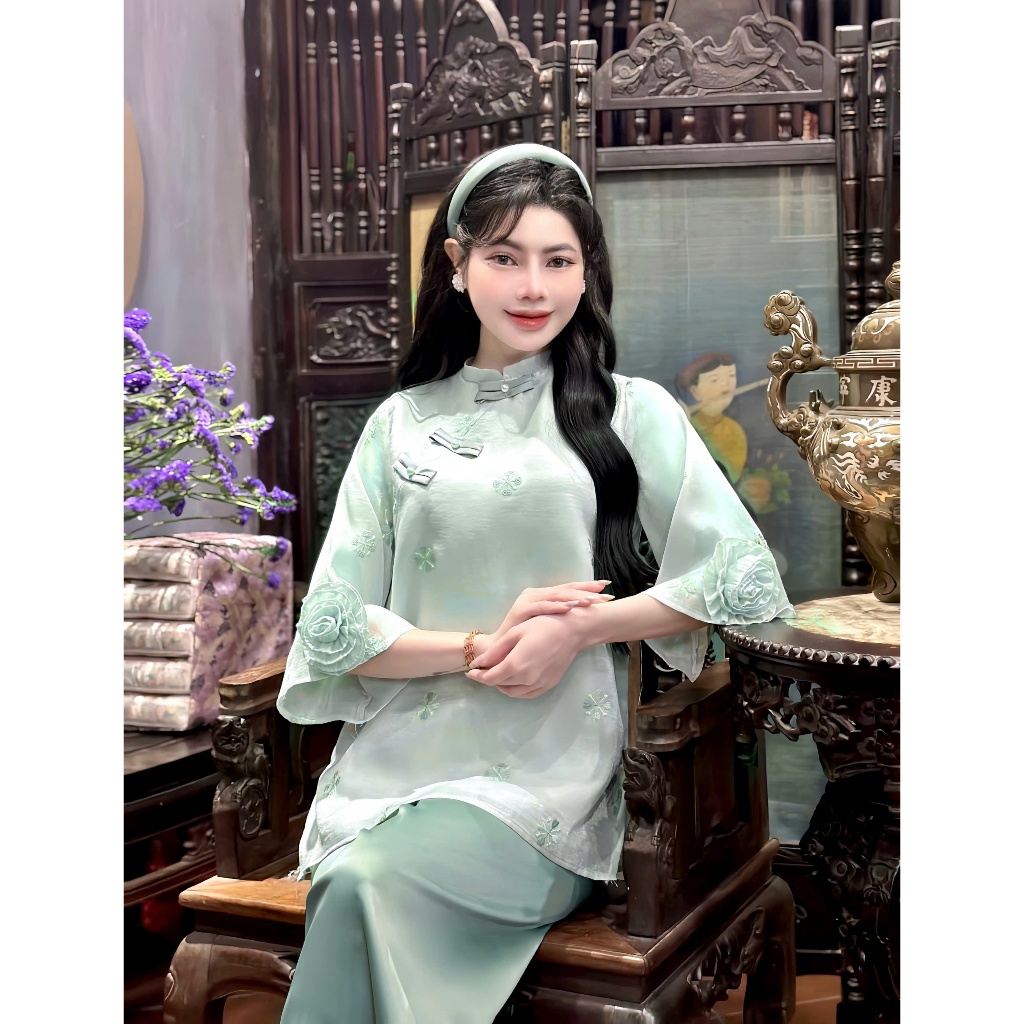 Đồ lam đi chùa, Bộ Đi Lễ Chùa Nữ Mẫu Tơ Cổ Tàu 3 Cúc Đũa Ngọc Chéo Vai Tay Đính Hoa  Loại 1 màu Xanh