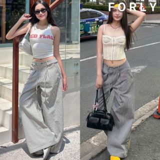 Quần Suông Kẻ Sọc Forly Offical Quần Ống Rộng Phối Dây Phiếu HDSD T123